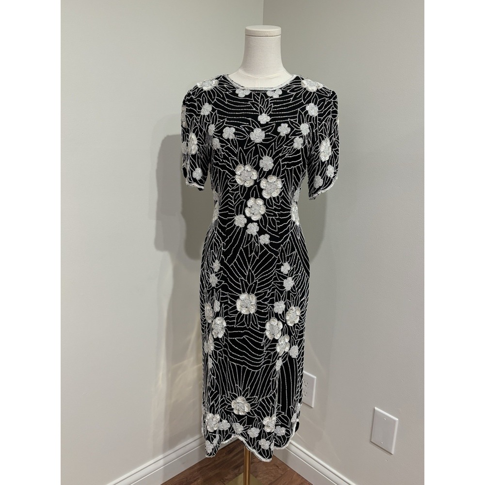 Vintage SCALA 100% Silk Beaded Dress Black Floral All Over Beads Women's M